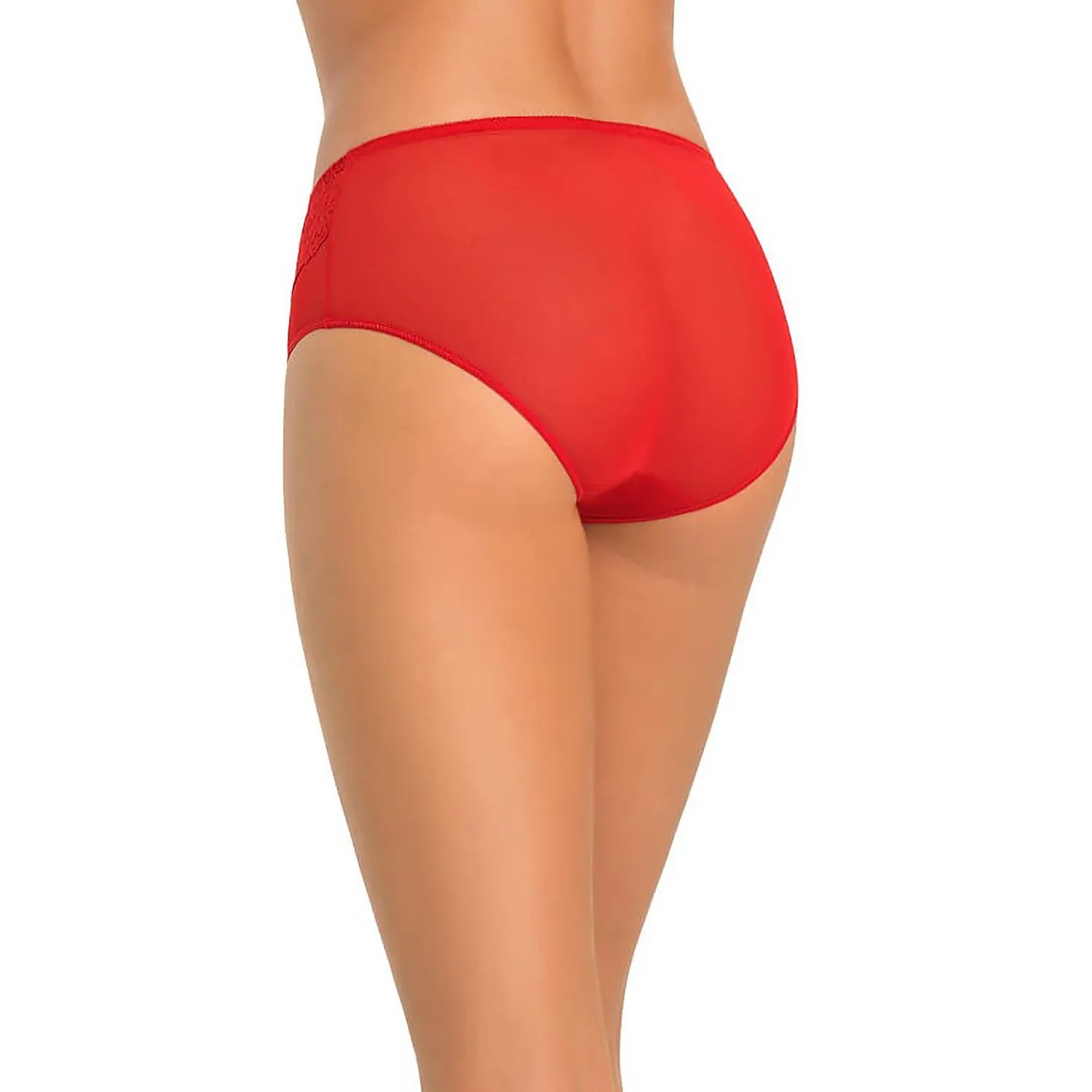 Culotte rouge taille haute en dentelle florale, maille transparente, découpes verticales, style élégant et confortable.