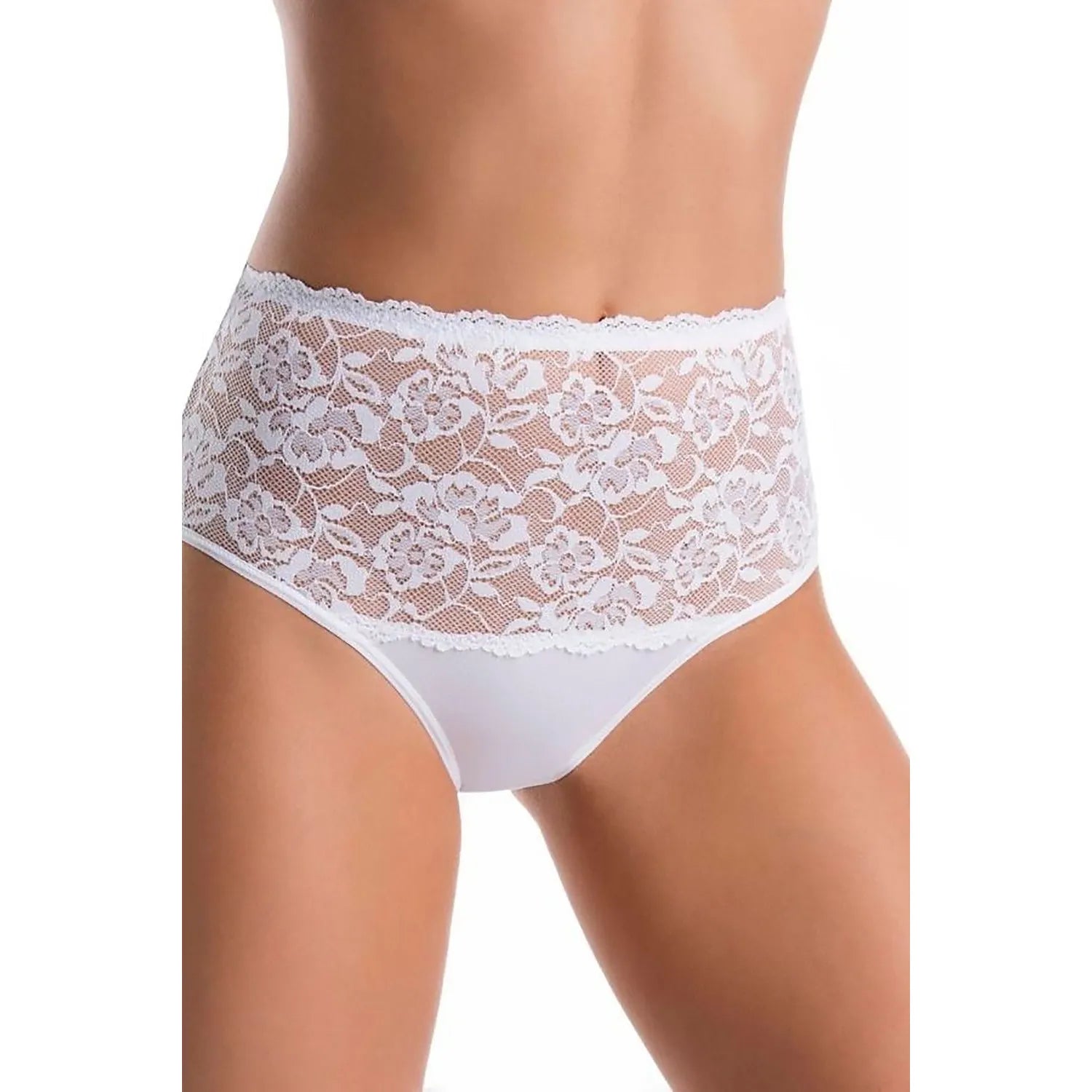 Culotte en dentelle blanche taille haute, motifs floraux, finitions élastiques, lingerie féminine élégante et confortable.