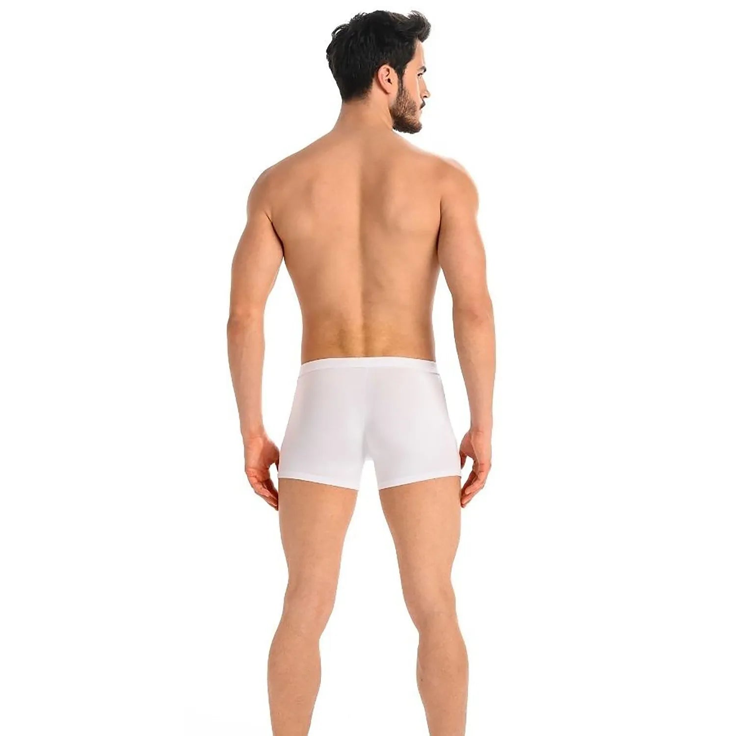Caleçon blanc ajusté pour homme, coton élastique, ceinture confortable, vue arrière, taille S à XXXL.