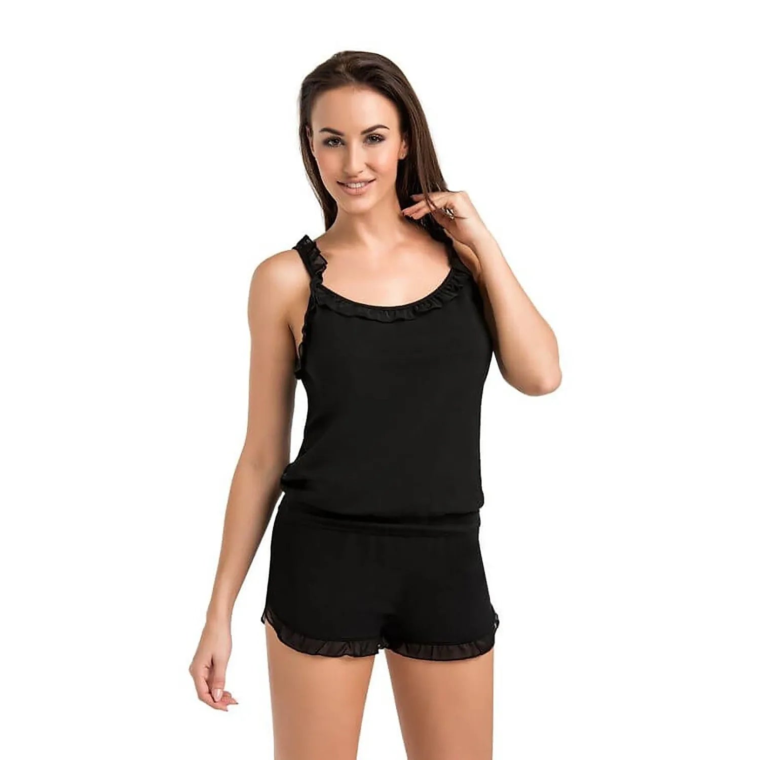 ensemble lingerie noir femme haut sans manches short volants ceinture élastique bretelles larges tissu léger confortable sensible romantique élégant intime