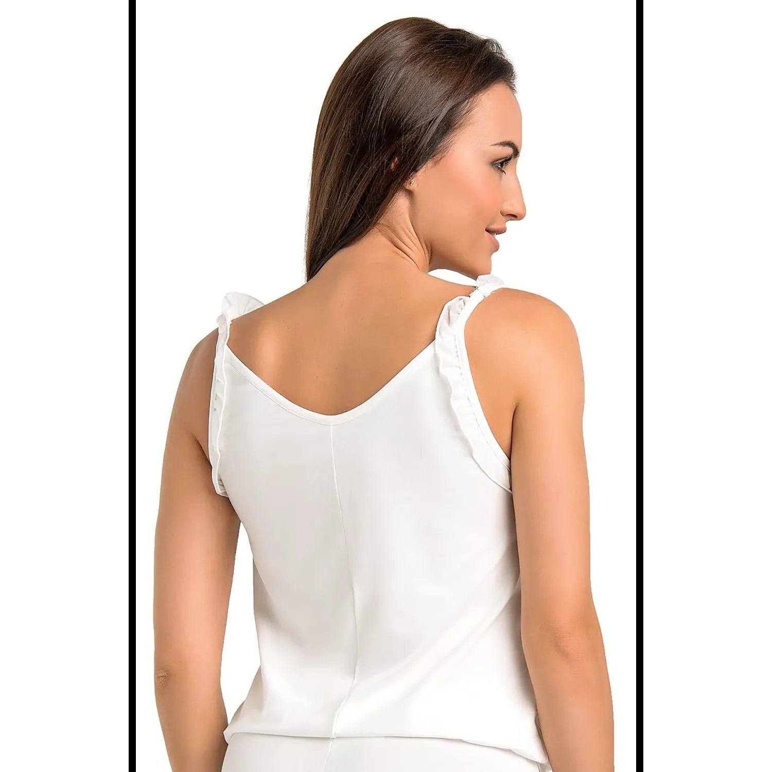 Chemise de nuit écrue femme, sans manches, bretelles larges, encolure ronde, volants délicats, viscose douce.