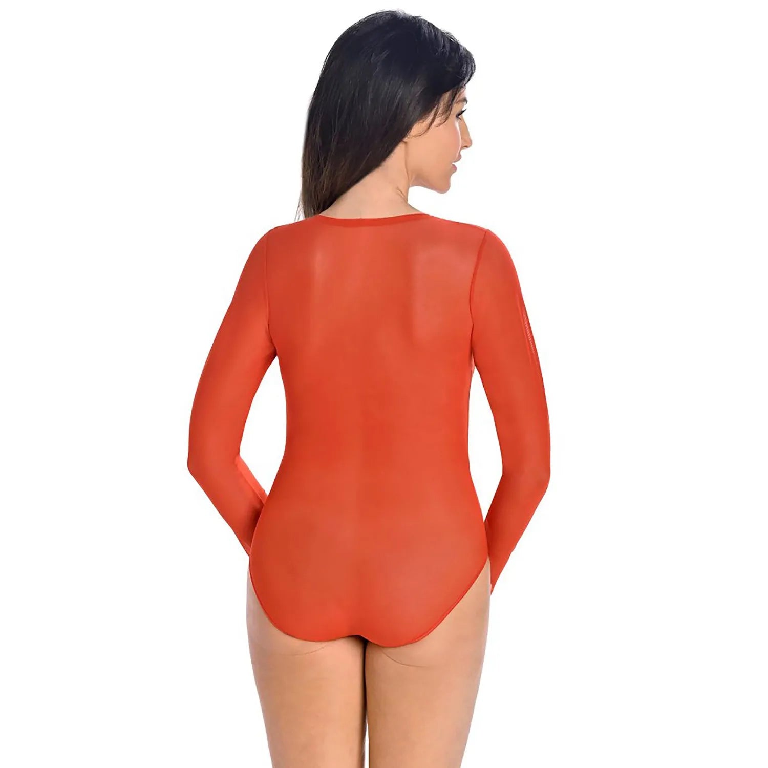 Body lingerie rouge translucide manches longues, ajusté, en maille élasthanne polyester, vue de dos, élégant et sexy.