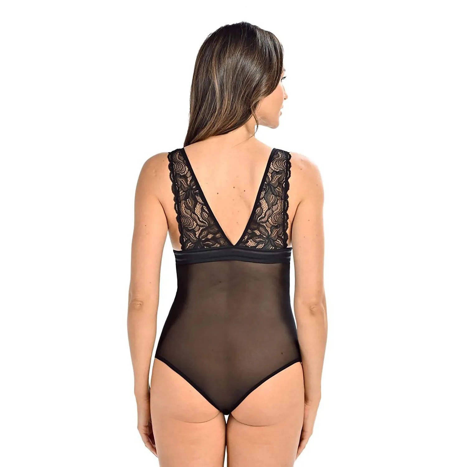 Body noir en dentelle florale transparente, décolleté en V, bretelles larges, ajustable, élégant et sensuel.