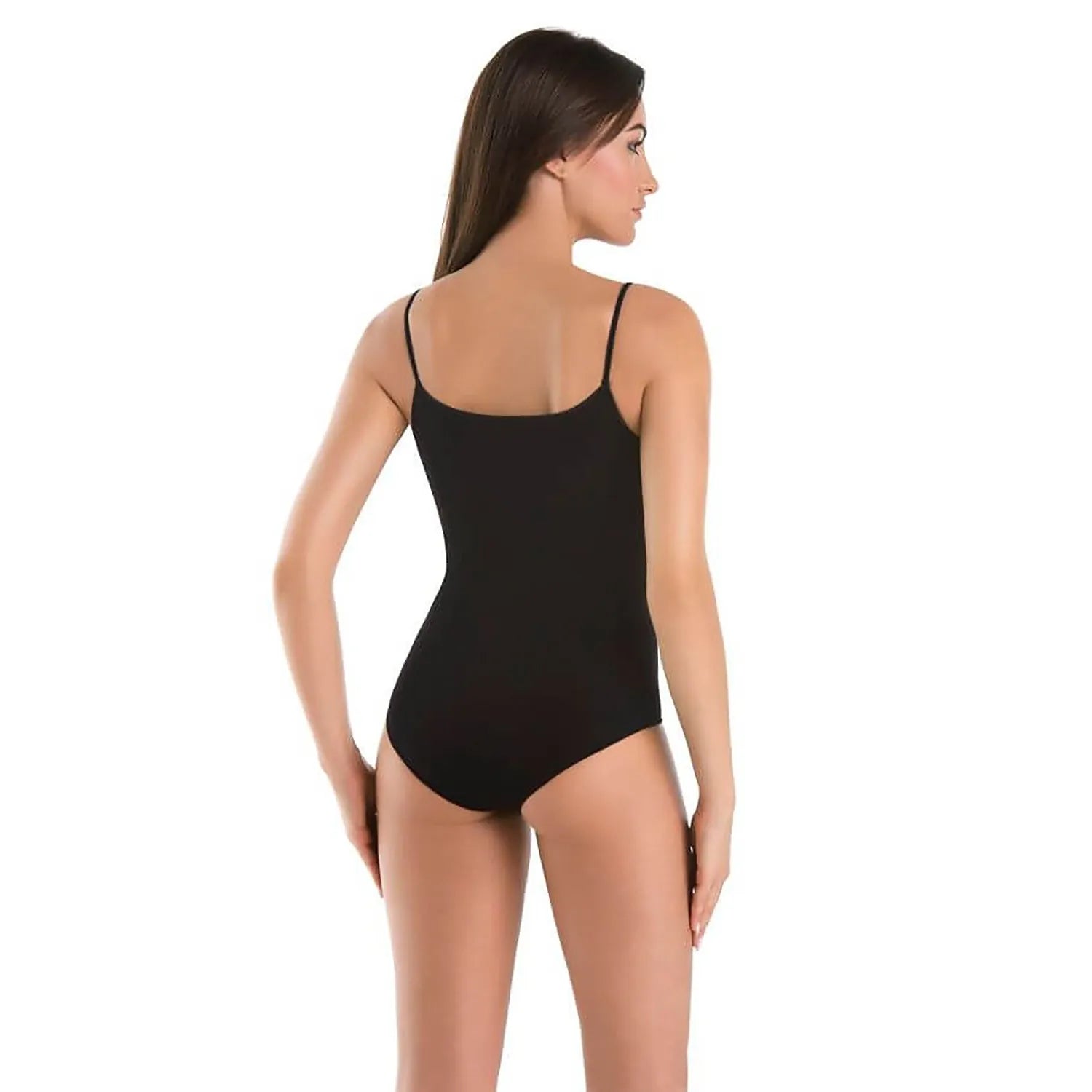Body noir femme, fines bretelles, dos semi-circulaire, viscose Lycra, silhouette modelante, fermeture auto-agrippante.