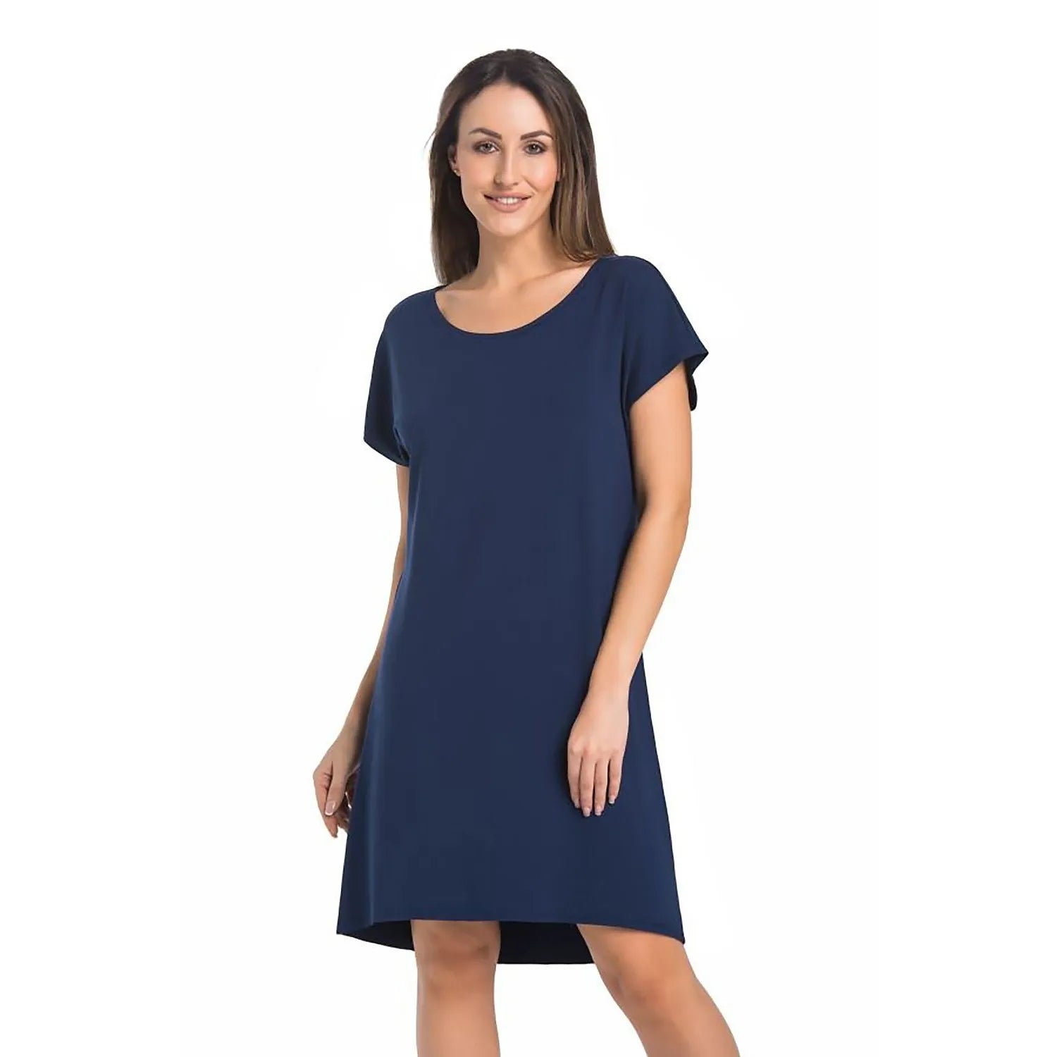 Chemise de nuit élégante en viscose bleu marine manches courtes col rond mode intime femmes confortable sexy