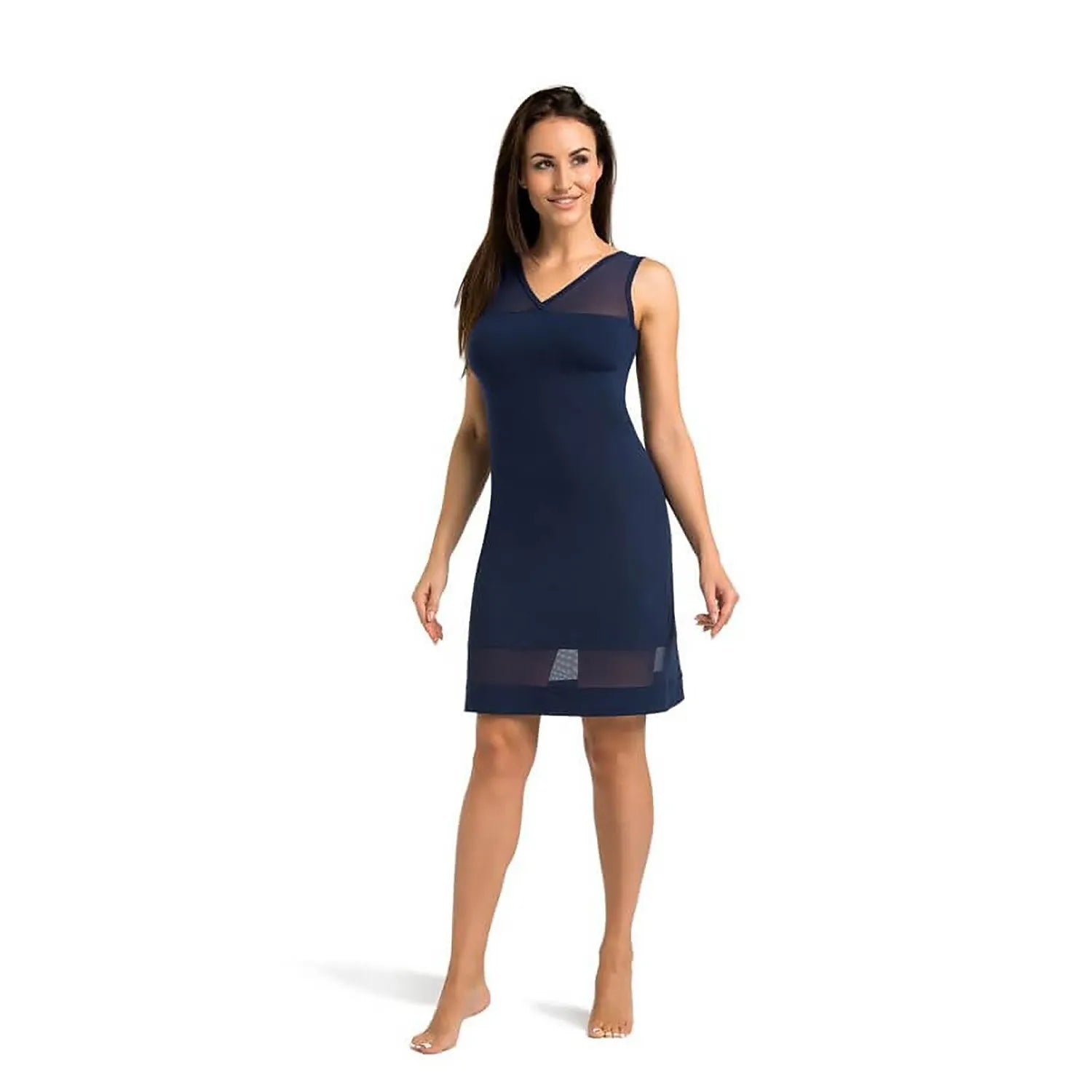 Chemise de nuit élégante pour femme en viscose maille transparente bleu foncé décolleté en V dos exposé ajustée nuisette raffinée lingerie intime
