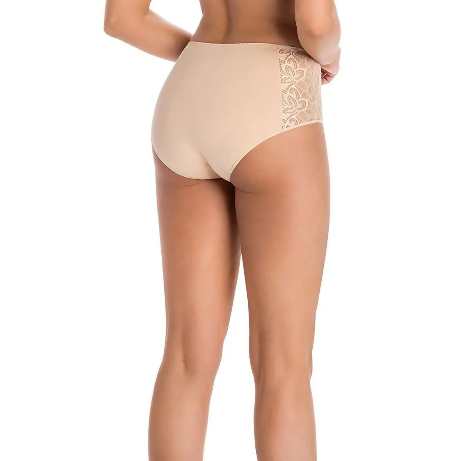 Culotte taille haute beige en coton éco, dentelle florale sur les côtés, design couvrant et élégant, confortable et sculpt...