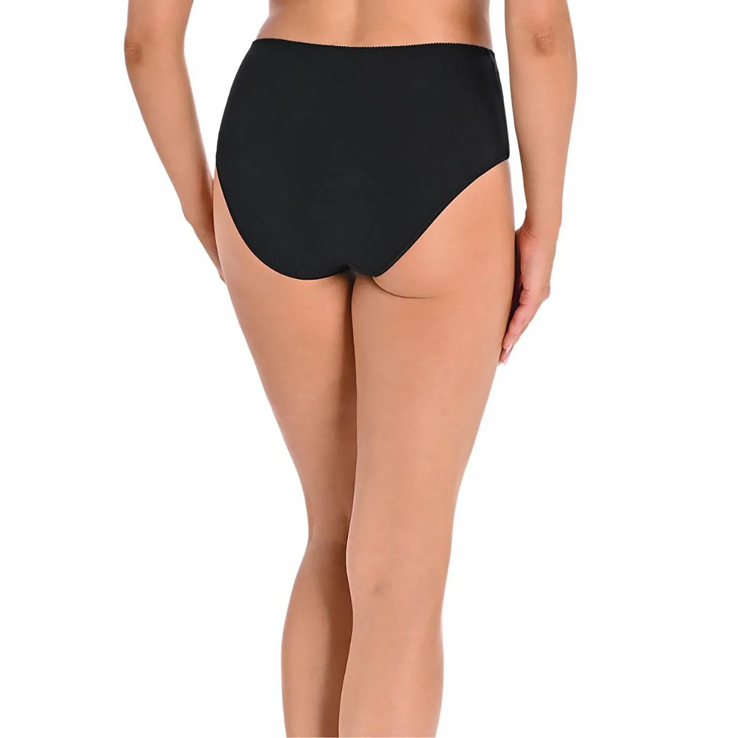Culotte noire taille haute élégante, soutien ventre, design mesh sensuel, confort coton élastique, vue arrière.