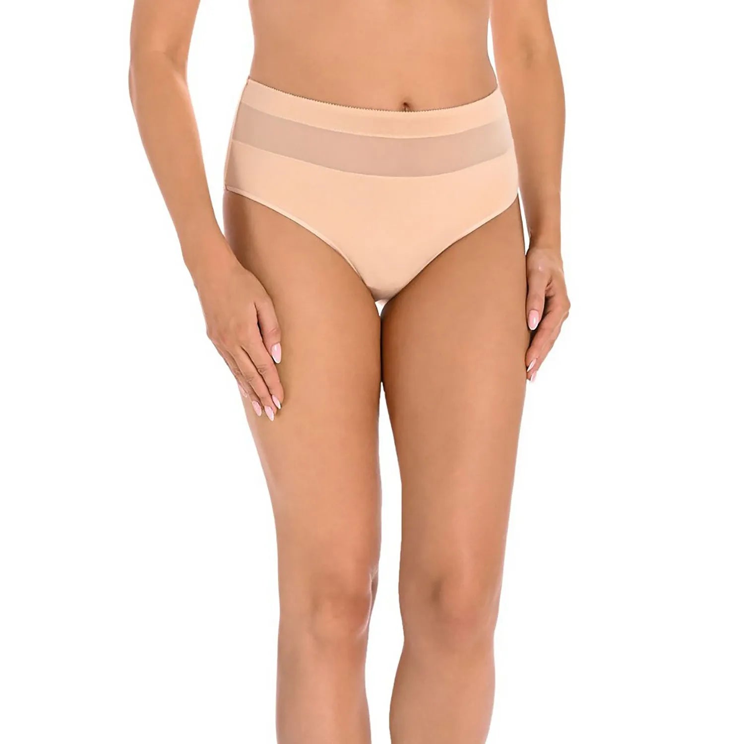 Culotte taille haute beige en coton Lycra, bande transparente, design moderne et élégant, confort optimal.