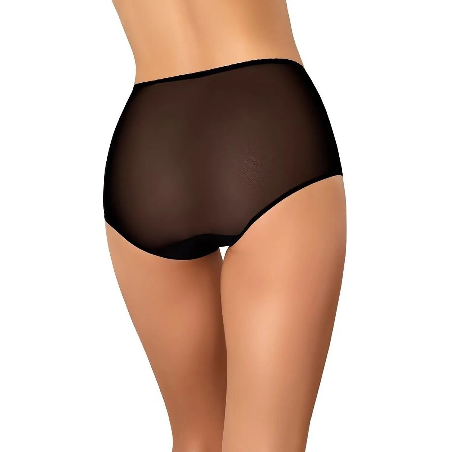 Culotte taille haute noire en maille transparente, design minimaliste, finitions élastiques, vue arrière élégante.