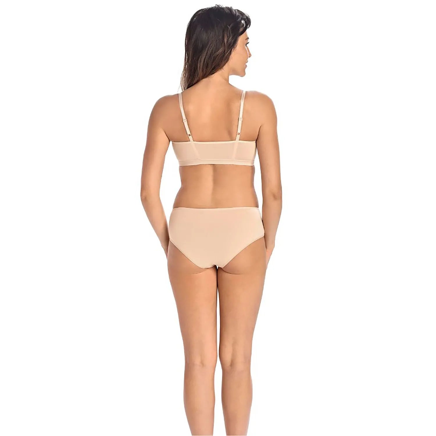 Bralette beige minimaliste femme, coton élasthanne, sans couture, bretelles ajustables, confort et style quotidien.