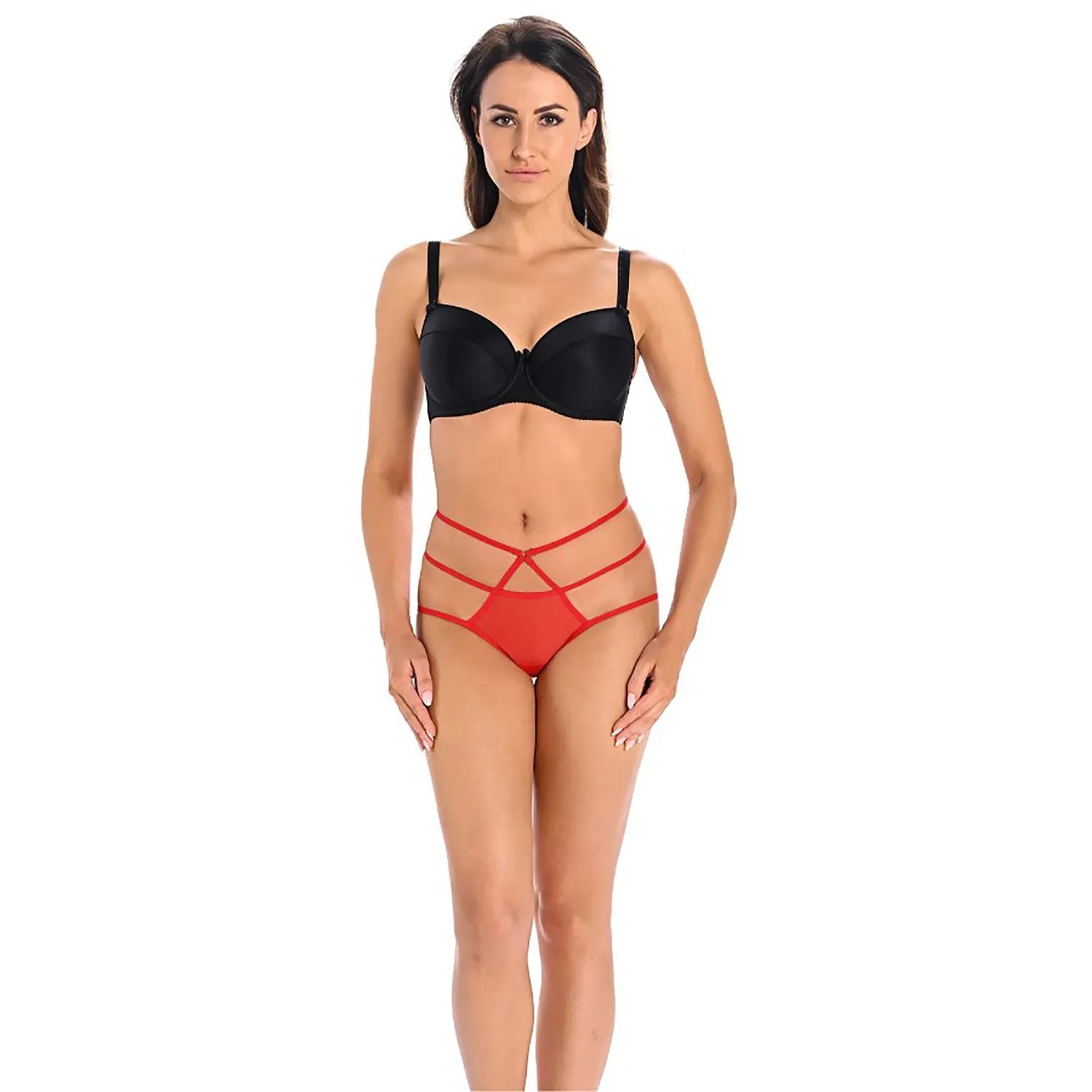 ensemble lingerie érotique culotte rouge soutiengorge noir maille élastique ajustable taille haute bretelles élastiques bonnets moulés découpes géométriques lanières décoratives