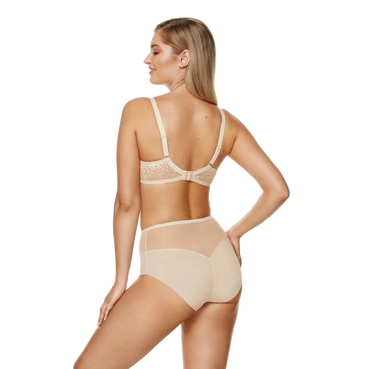 Culotte taille haute beige Gorteks, dentelle orientale, effet moulant, élégante et raffinée, vue de dos.