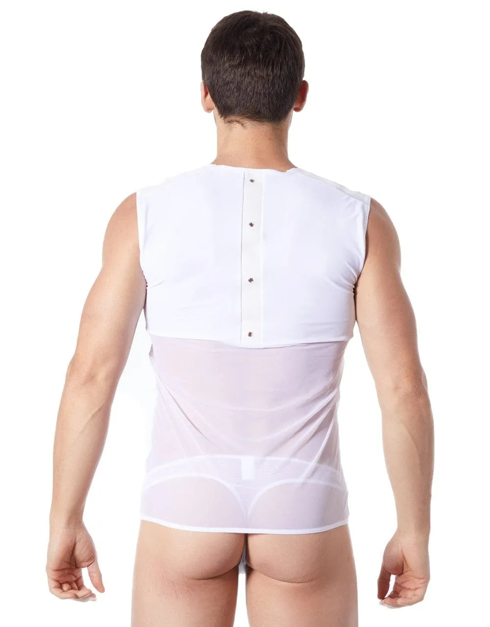 Débardeur blanc satiné style cuir, bande verticale avec anneaux métalliques, dos transparent, col rond à pointes.