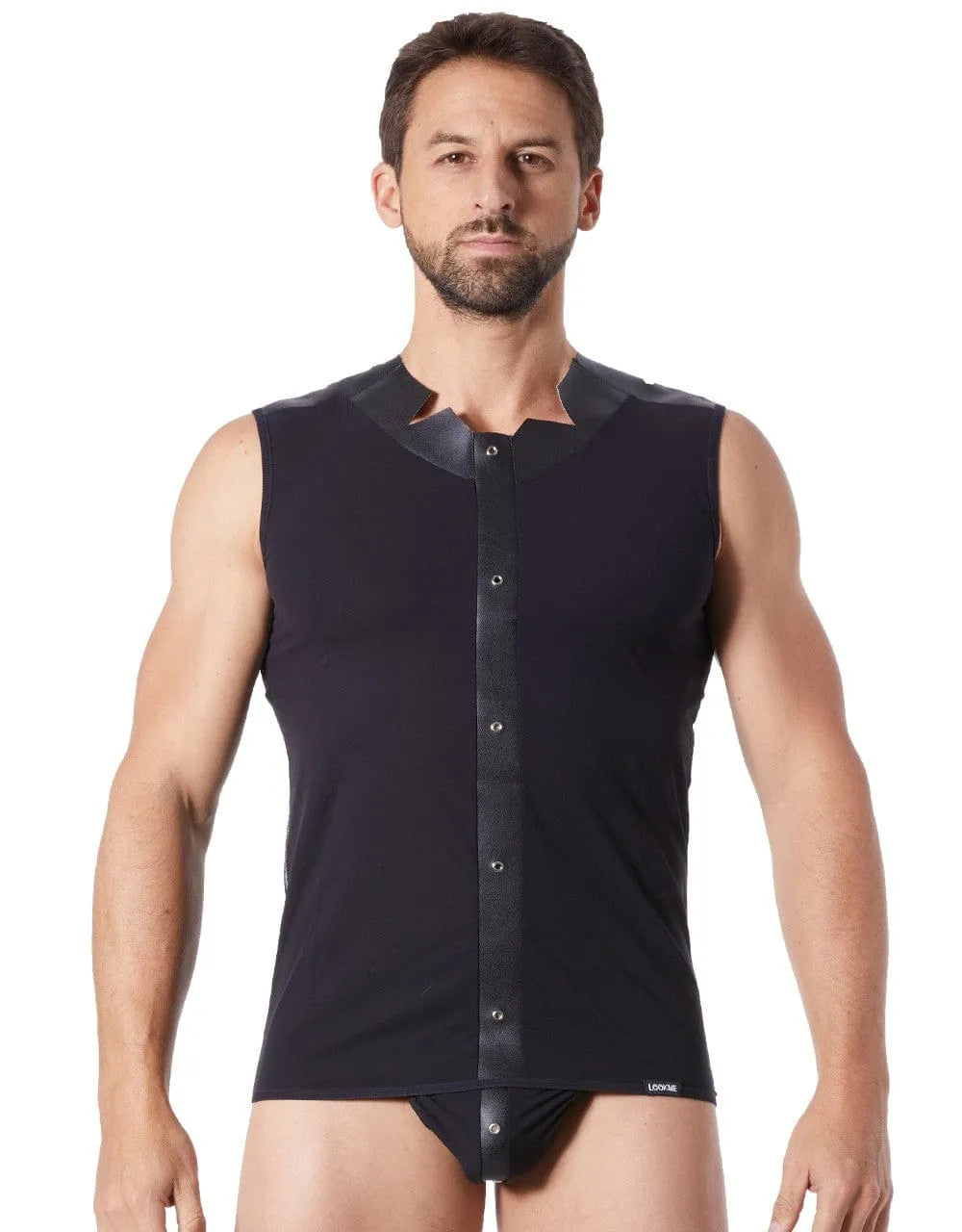 Débardeur Noir Satiné Homme Extensible Polyester Bande Verticale Cuir Anneaux Métalliques Col Rond Coupe Pointue Dos Transparent Sexy