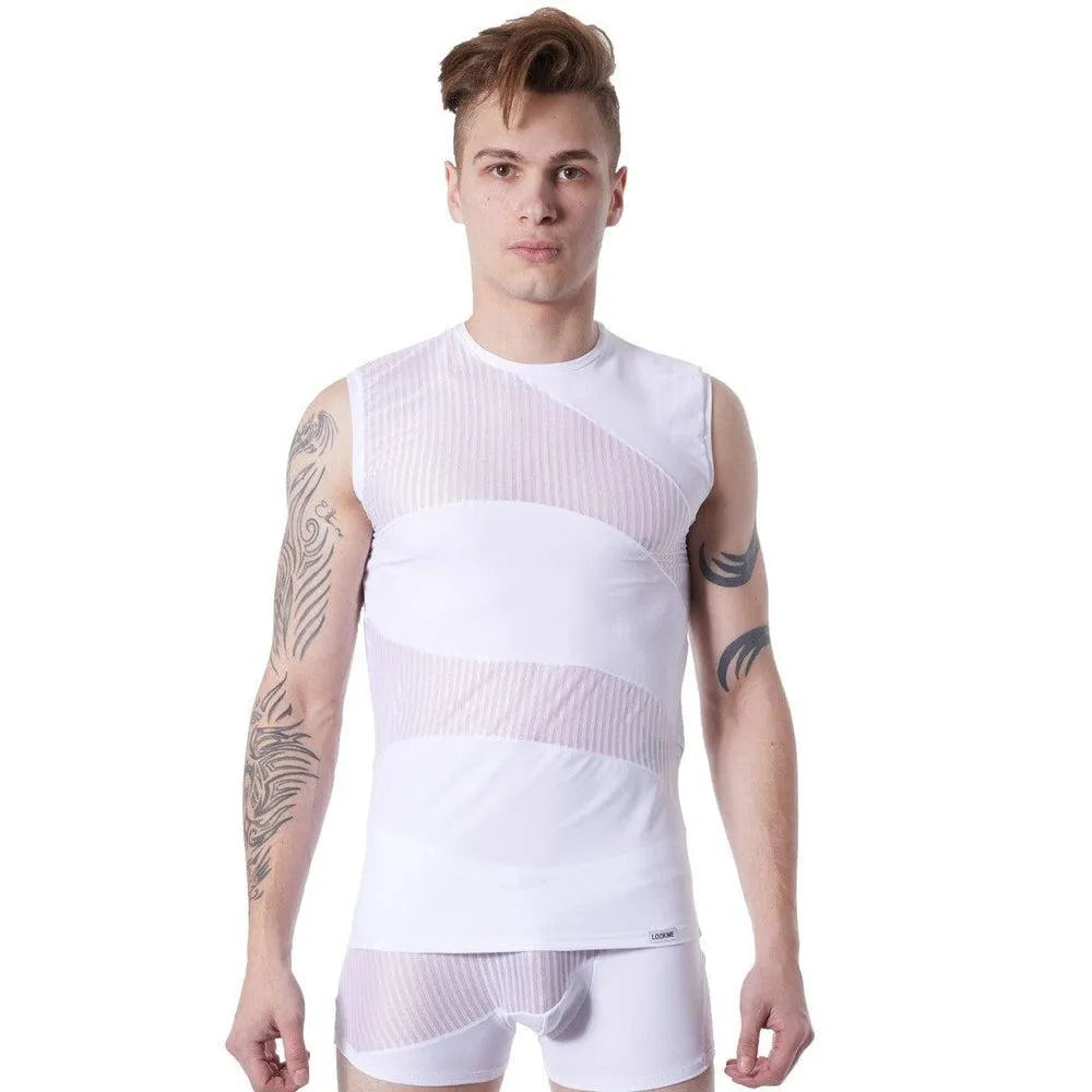 Débardeur Sexy Blanc Transparent Homme Col Rond Sans Manches Rayures Subtiles Zones Opaques Extensible Ajusté Confortable Audacieux Glamour