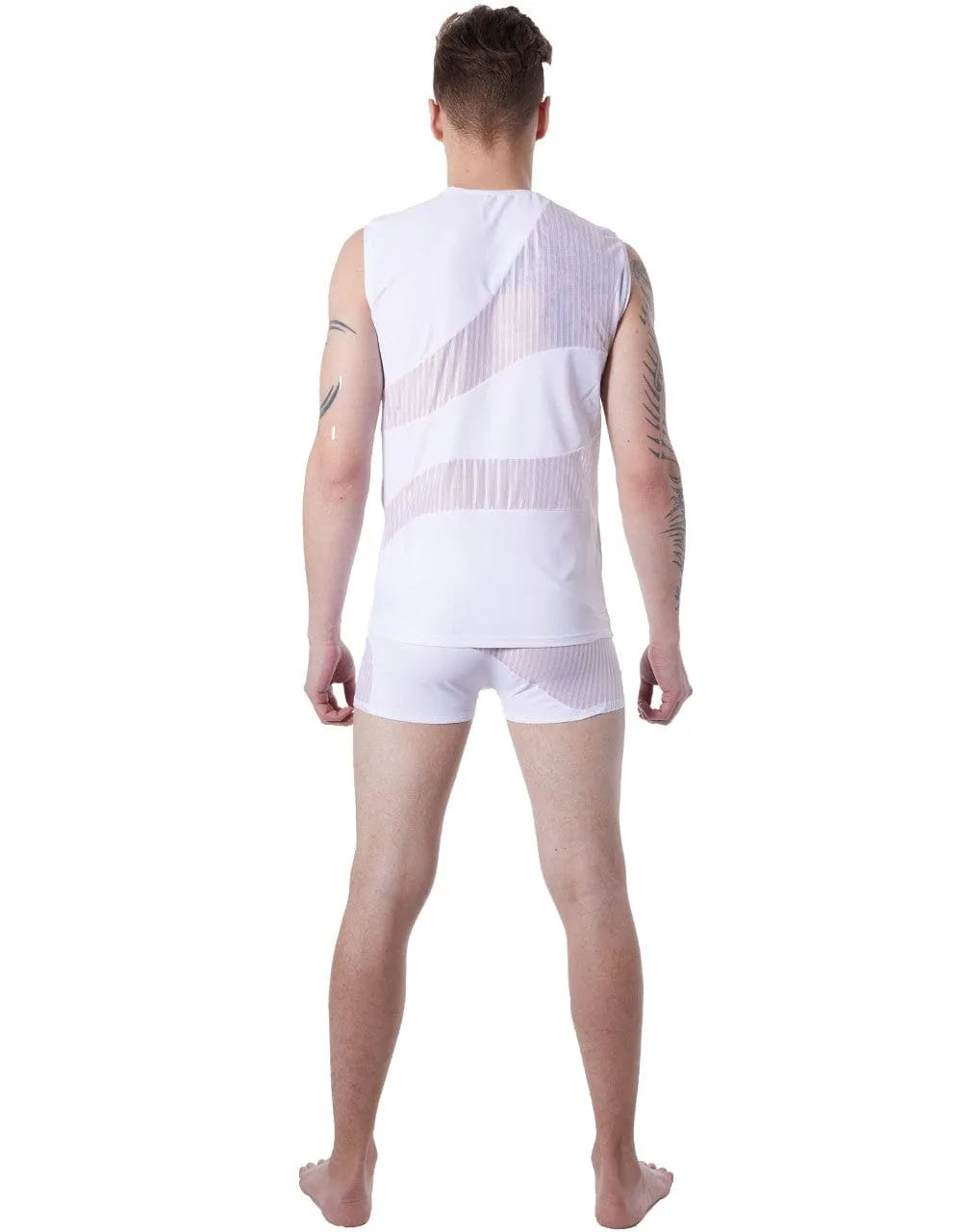 Débardeur homme blanc transparent, rayures subtiles, col rond, sans manches, ajusté, audacieux, élégant et moderne.