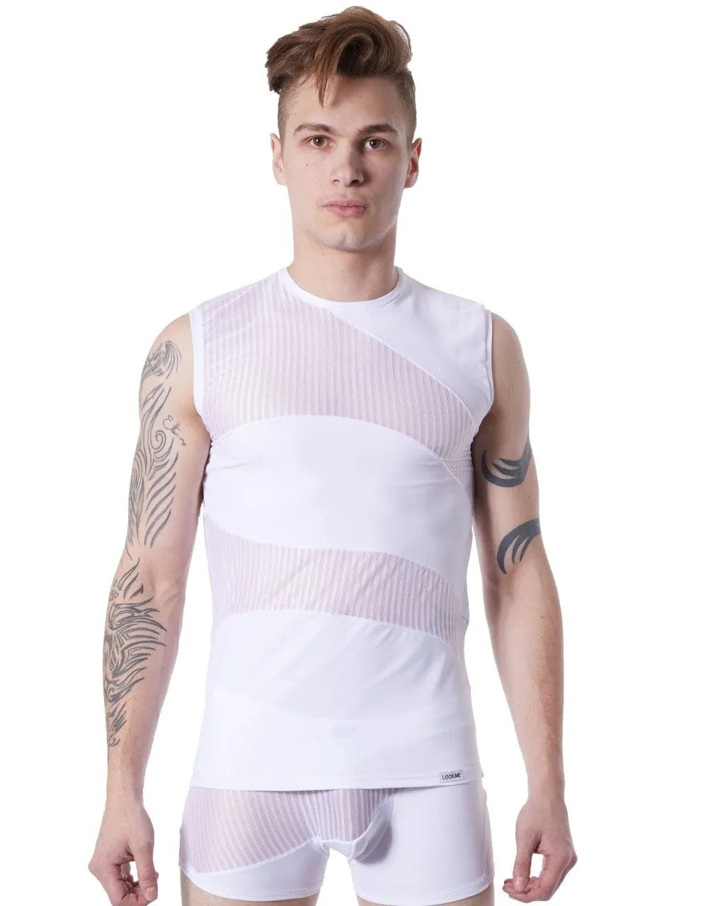 Débardeur homme blanc transparent, col rond, rayures opaques, sans manches, ajusté, élégant et audacieux.