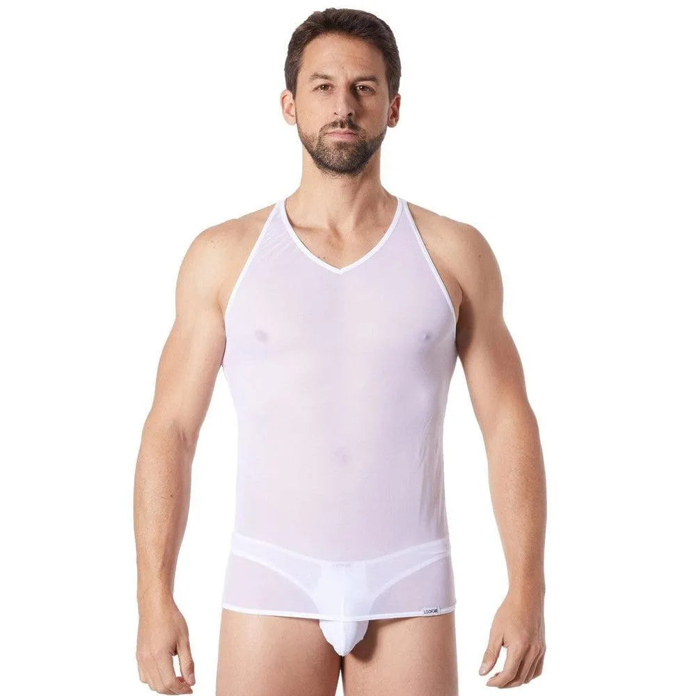 débardeur homme col V blanc maille transparente épaules dénudées ajusté extensible doux léger silhouette sublimée sensuel