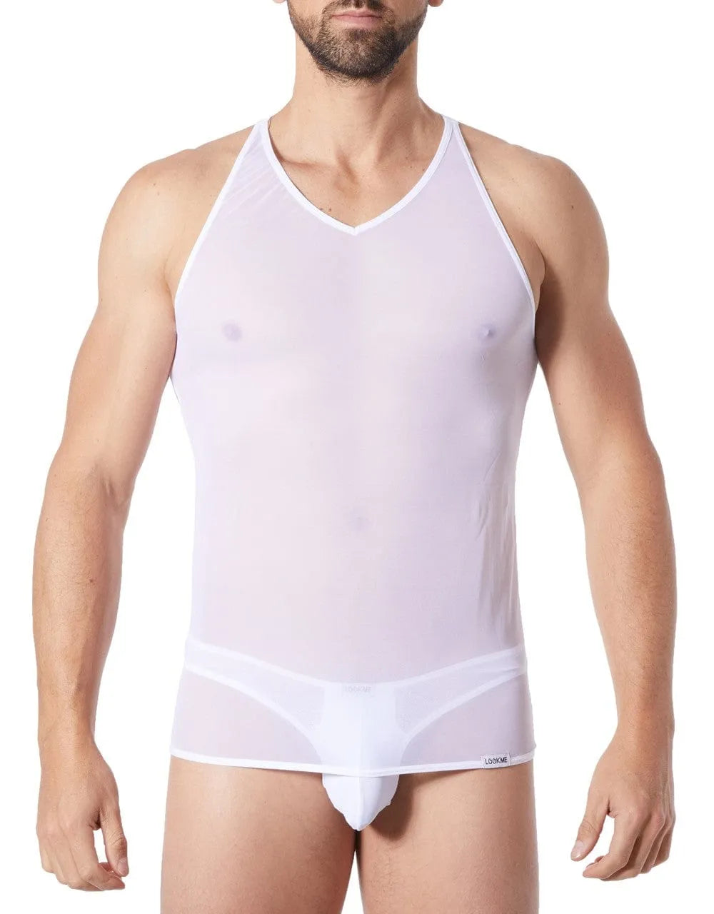 Débardeur homme blanc col V, maille transparente, épaules dénudées, ajusté, léger, sublimant la silhouette.