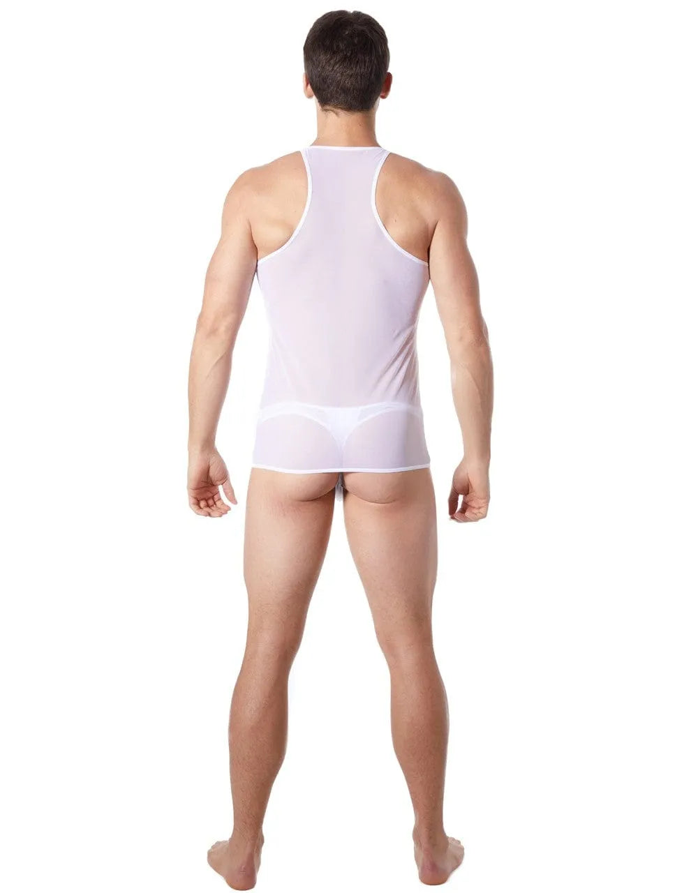 Débardeur homme blanc transparent col V, épaules dénudées, ajusté, extensible, léger, silhouette sublimée.