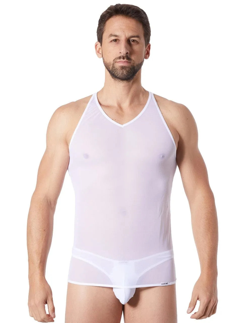 Débardeur homme blanc col V, maille transparente, épaules dénudées, ajusté, léger, élégant, silhouette sublimée.