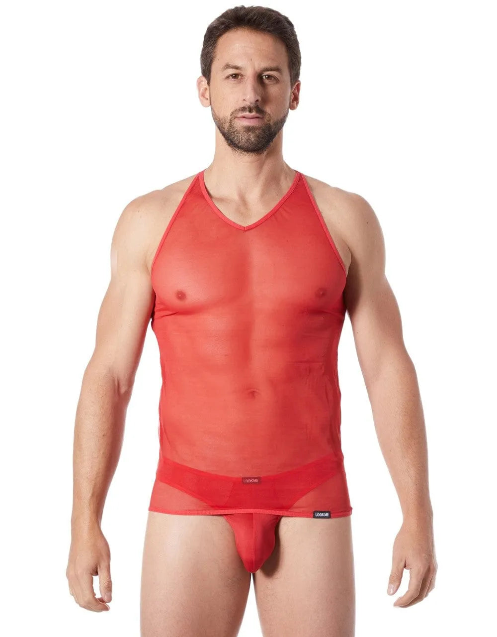 débardeur col V rouge transparent maille fine séduisant épaules dénudées élasthanne polyester extensible confort durable collection