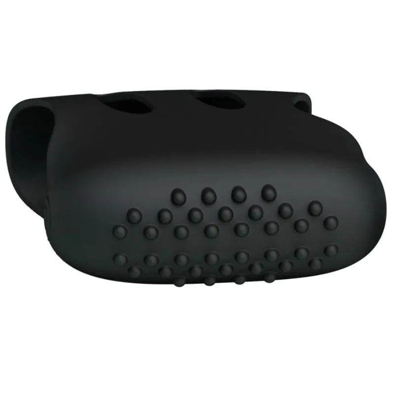 Dé à coudre vibrant en silicone noir texturé, ergonomique et discret, avec reliefs pour stimulation sensorielle intense.