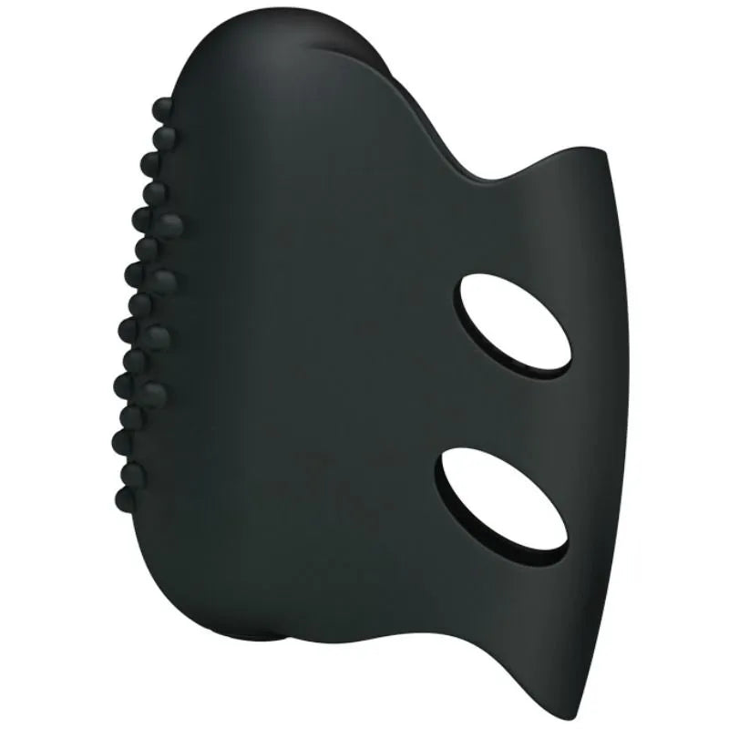 Dé à coudre vibrant en silicone noir texturé, ergonomique, élégant, avec reliefs, pour stimulation sensorielle discrète.