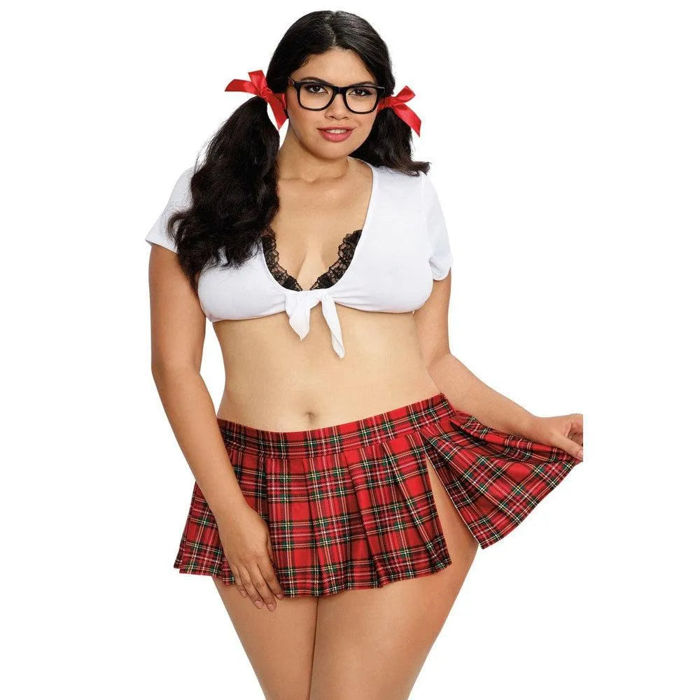 Déguisement étudiante grande taille dentelle sensuelle moulant haut noué décolleté audacieuse mini jupe carreaux fendue latérale accessoires rubans lunettes