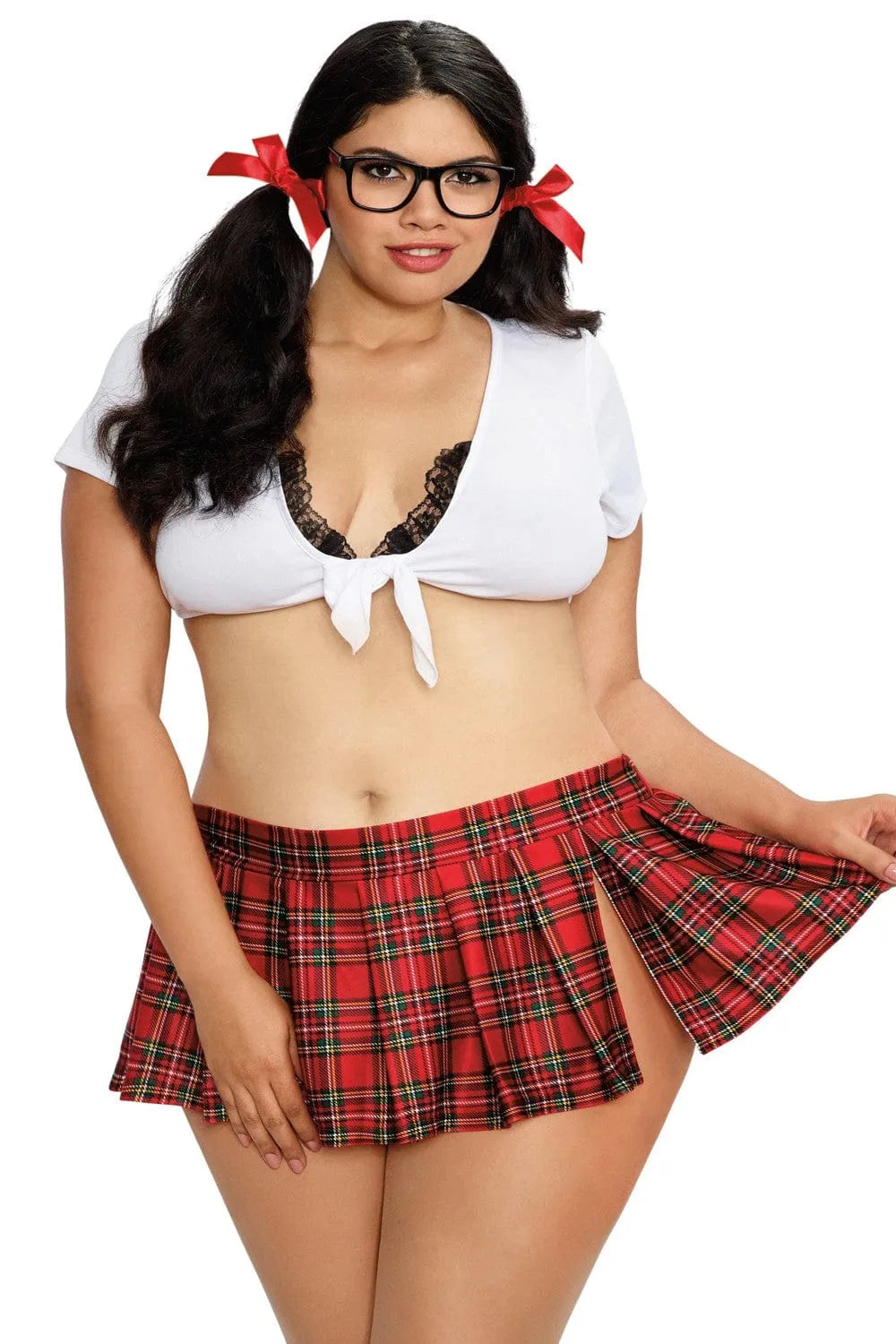 Déguisement étudiante grande taille: top blanc noué dentelle, mini-jupe carreaux fendue, rubans rouges, lunettes noires.