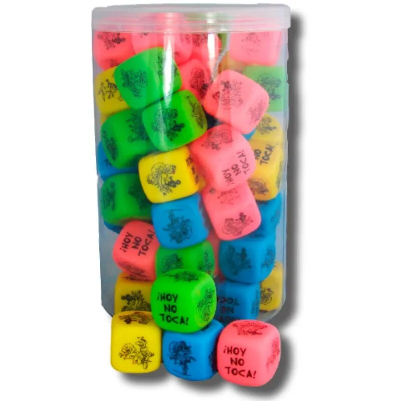 Dés érotiques fluorescents colorés jaune, vert, rose, bleu, 25mm, pour couples, dans un contenant transparent.