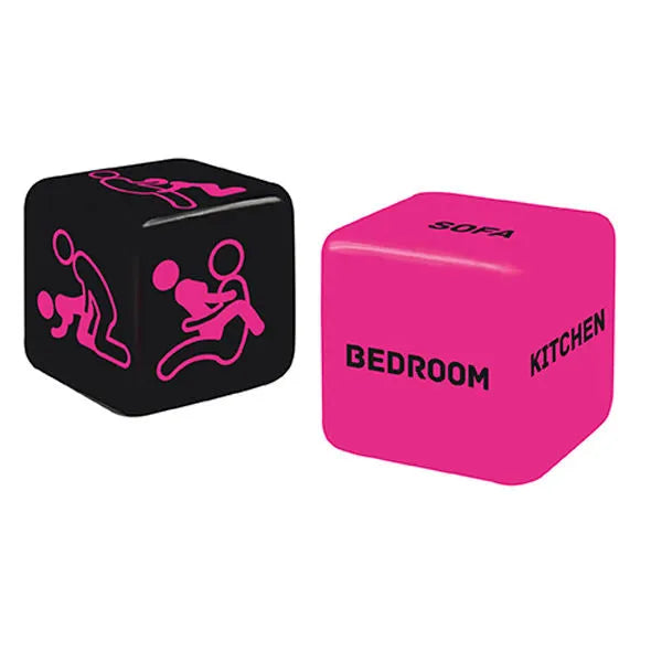 Dés érotiques noirs et roses avec positions Kama Sutra et lieux, emballage transformable, jeu intime et ludique.