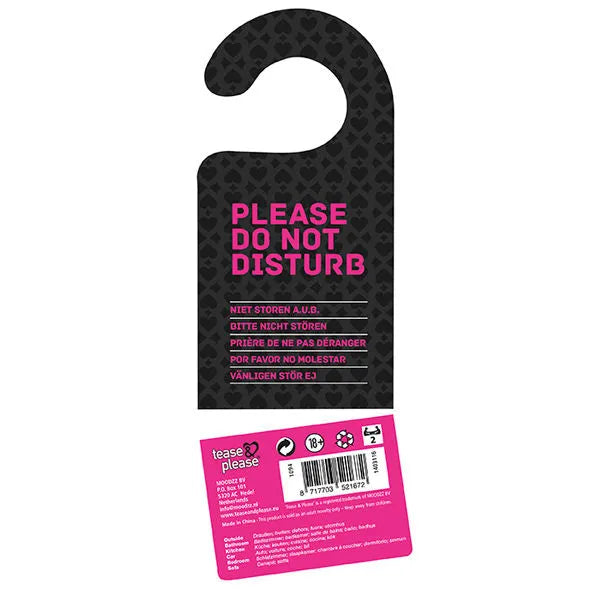 Dés érotiques Moodzz noirs et roses, emballage transformable en panneau Ne pas déranger, pour soirées sensuelles.