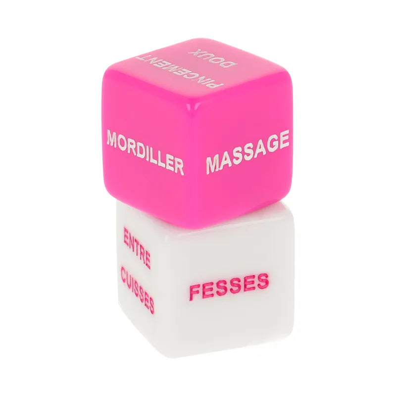 Dés érotiques Moressa en résine rose et blanc, inscriptions sensuelles, sûrs pour le corps, avec pochette satin.