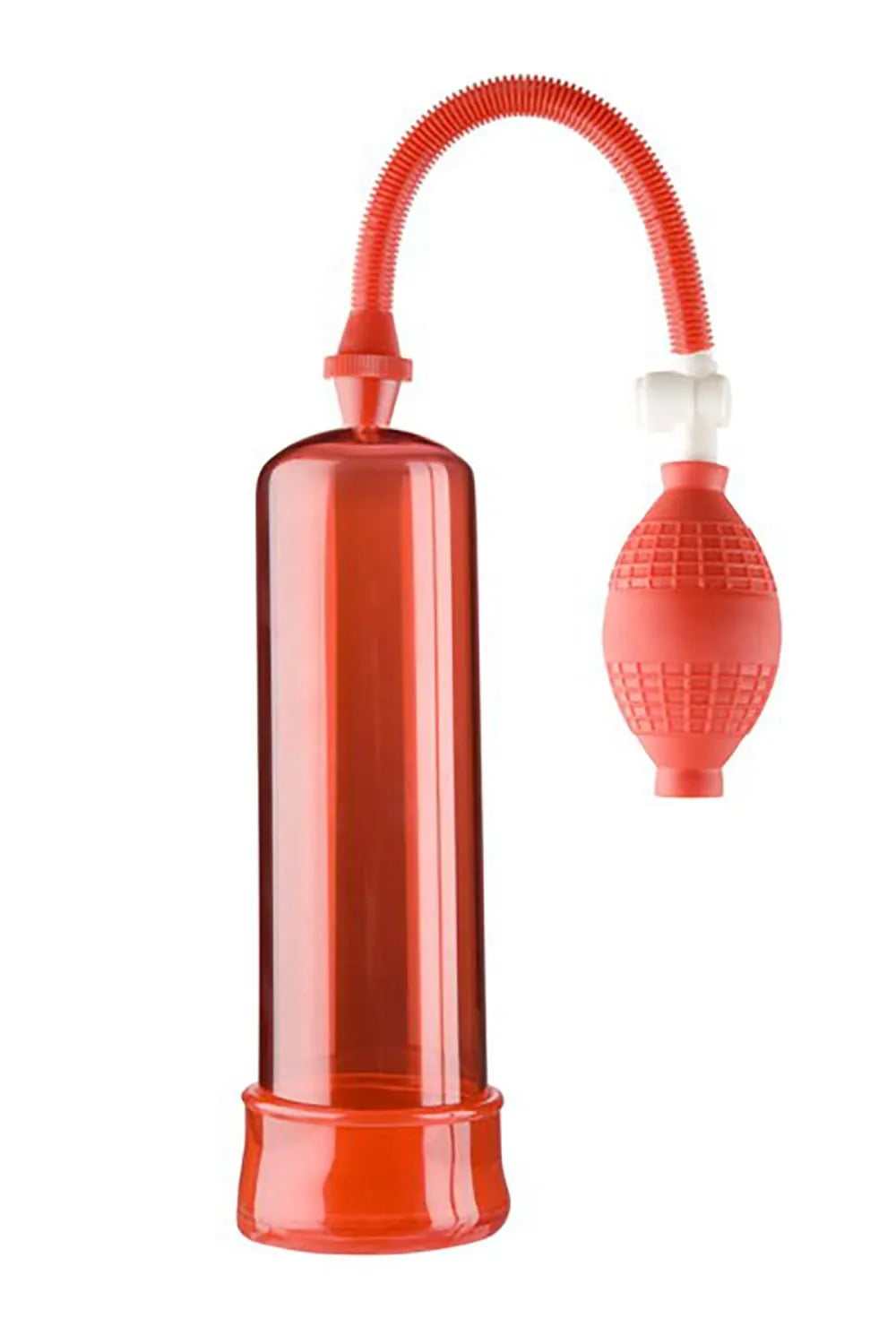 Pompe pénis rouge texturée avec tube transparent, bouton vide d'air et joint en silicone, 20cm, matériaux sans phtalate.