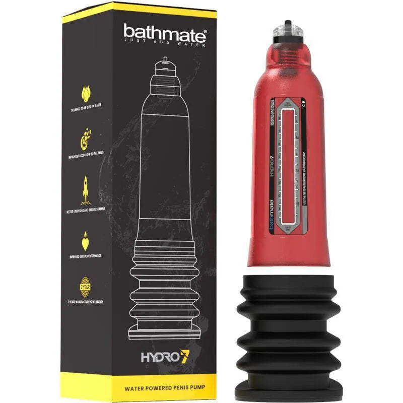 Pompe pénis hydraulique Bathmate rouge, design ergonomique, avec boîte noire, pour agrandissement discret et efficace.