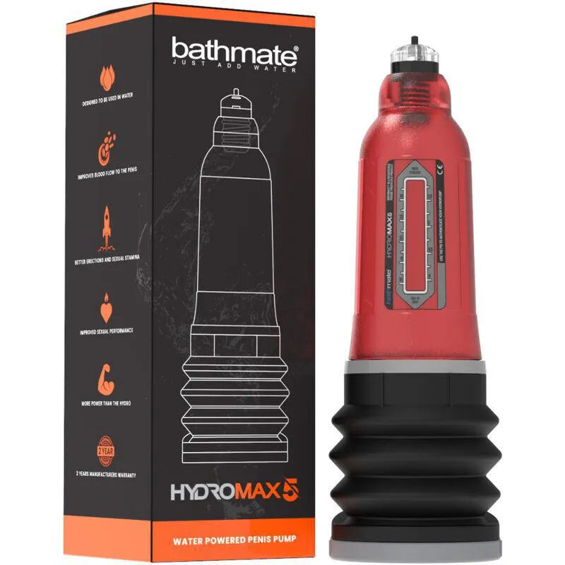 Pompe pénis hydraulique Bathmate rouge, ergonomique, étanche, avec indicateur de mesure, pour gains de taille et fermeté.