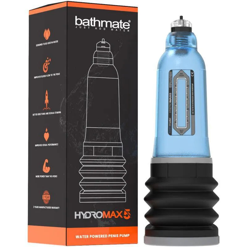 Pompe hydraulique Bathmate bleue avec coussinet noir, design ergonomique, boîte noire et orange, amélioration pénis.