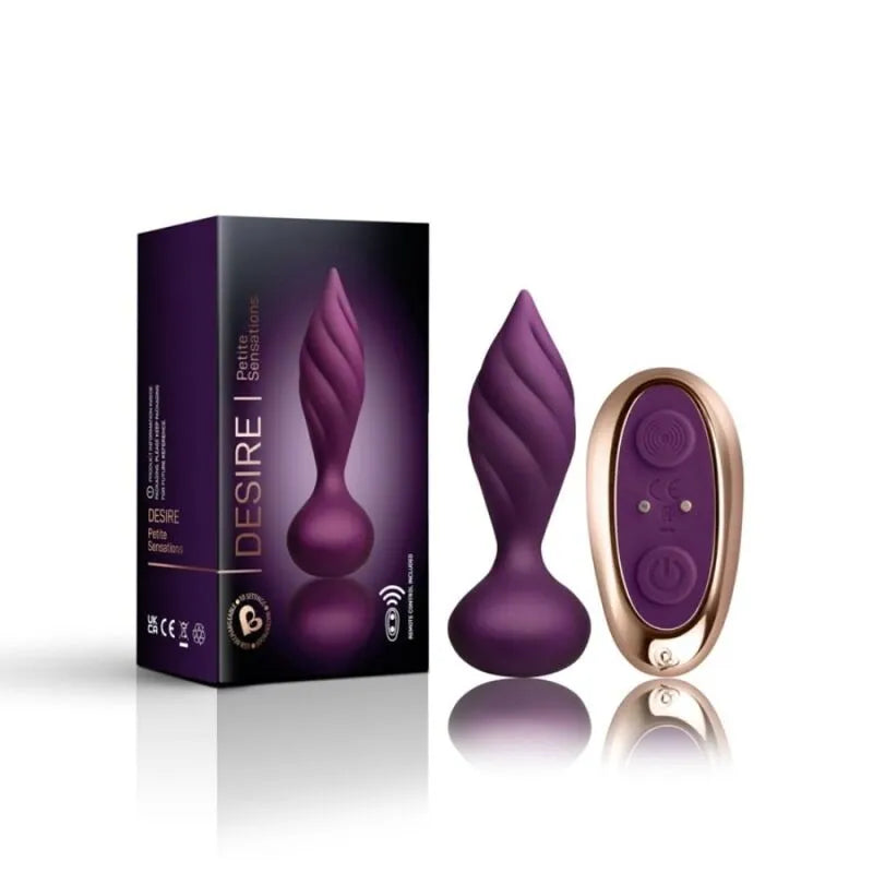 Dilatateur anal silicone violet conique avec télécommande dorée, vibrations puissantes, étanche, boîte incluse.