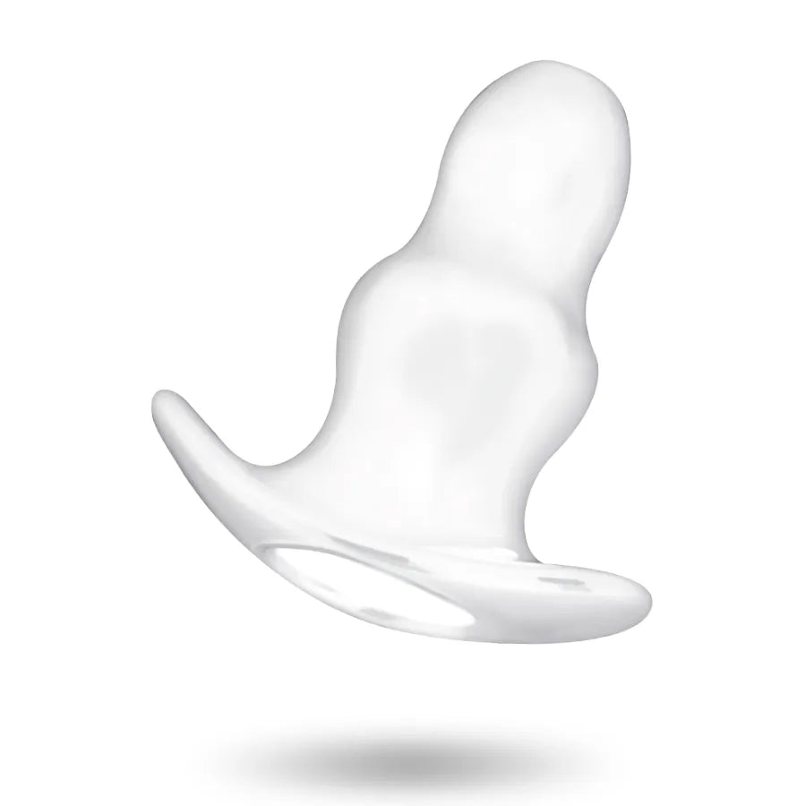 Dilatateur anal tunnel creux TPE blanc, forme ergonomique avec double anneaux, imperméable, insertion progressive.