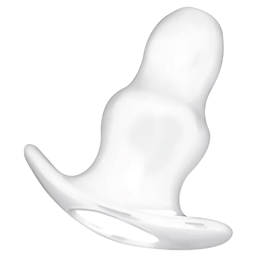 Dilatateur anal tunnel creux TPE blanc, forme ergonomique, double anneaux, imperméable, insertion progressive.