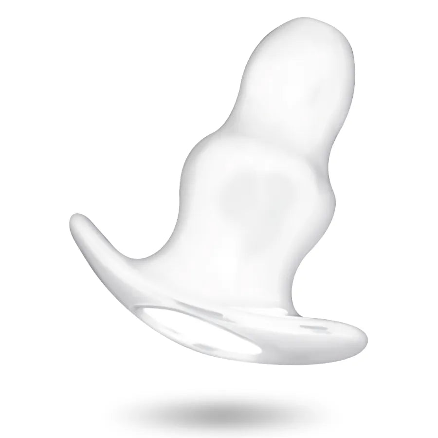 Dilatateur tunnel anal imperméable TPE blanc, forme ergonomique, anneaux double diamètre, compatible vibrateurs.