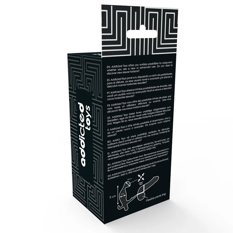 Boîte noire avec motifs géométriques contenant un dilatateur anal vibrant et anneau pénien, design ergonomique.