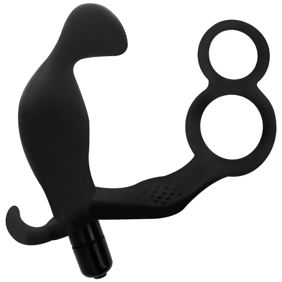 Dilatateur anal vibrant noir avec anneau pénien et testiculaire, design ergonomique en TPR Soft Touch, embout incurvé.
