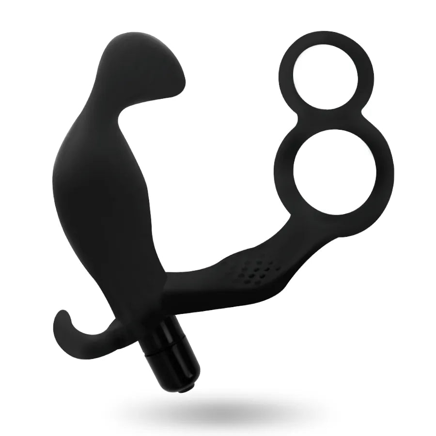 Dilatateur anal vibrant noir avec anneau pénien et testiculaire, design ergonomique en TPR Soft Touch pour stimulation cib...