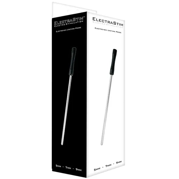 Dilatateur urétral électrostimulant en acier inoxydable, surface lisse, trois tailles, avec étui de transport noir.