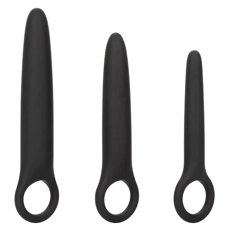 Dilatateurs en silicone noir, trois tailles, forme ergonomique avec boucle, hypoallergéniques pour dilatation progressive.