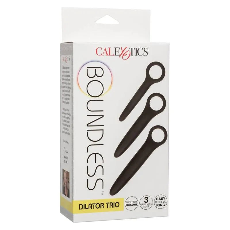 Ensemble de trois dilatateurs en silicone noir avec boucle, hypoallergéniques, pour dilatation progressive.
