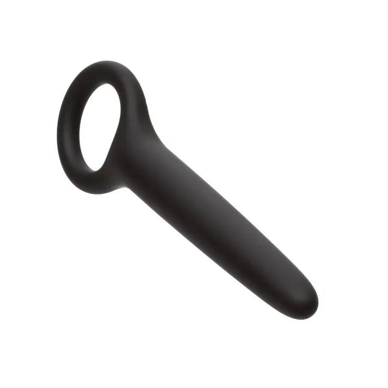 Dilatateur silicone noir ergonomique avec boucle, lisse et hypoallergénique, pour dilatation progressive, tailles variées.